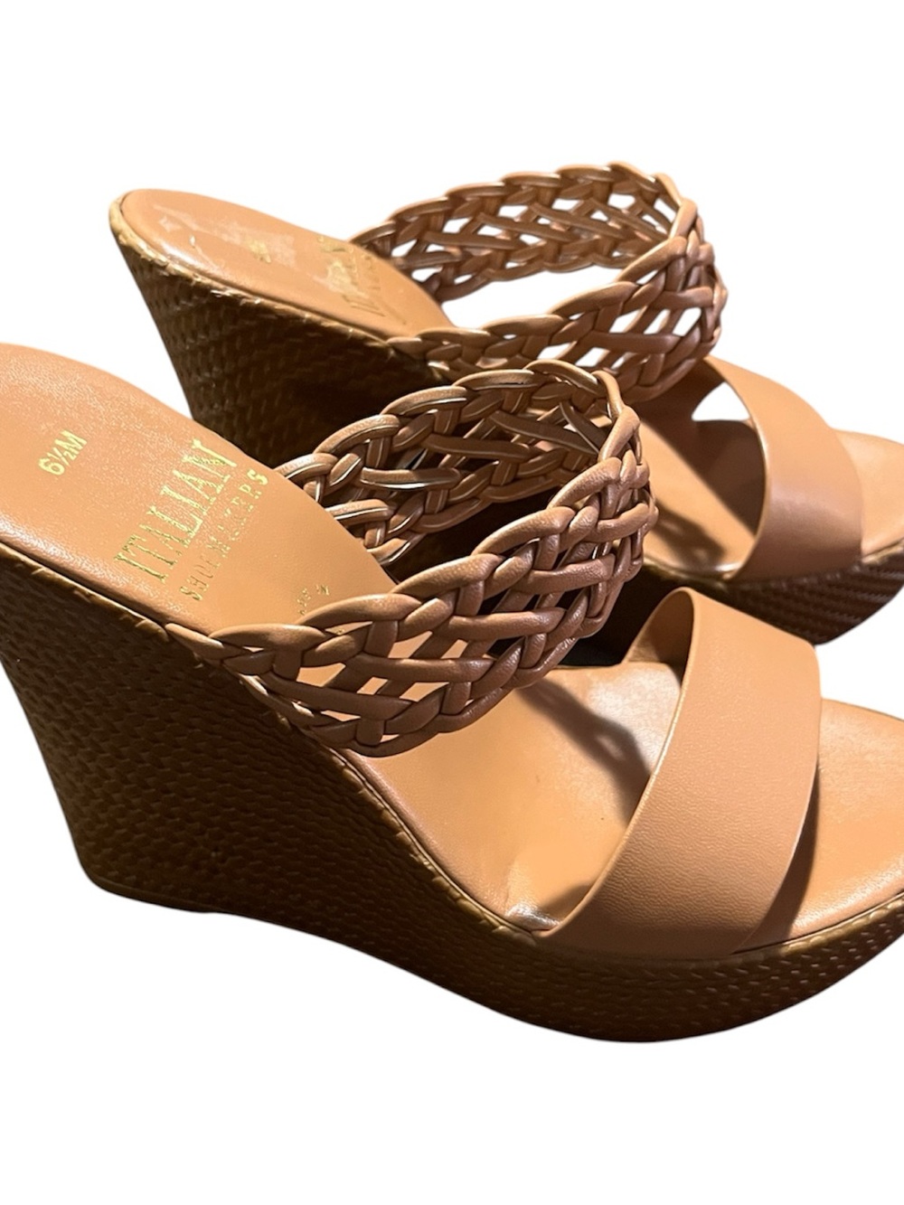 Italian Shoemakers Braided Strap Tan Wedge Sandals